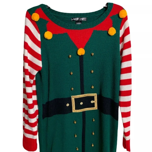 Ugly Christmas Sweater Women’s Medium Elf Bells PomPoms Long Costume Party Green - Picture 3 of 10